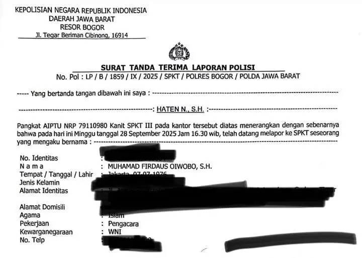 Pengacara Firdaus Oiwobo Laporkan Dugaan Penipuan Tanah Rp5 Miliar ke Polres Bogor