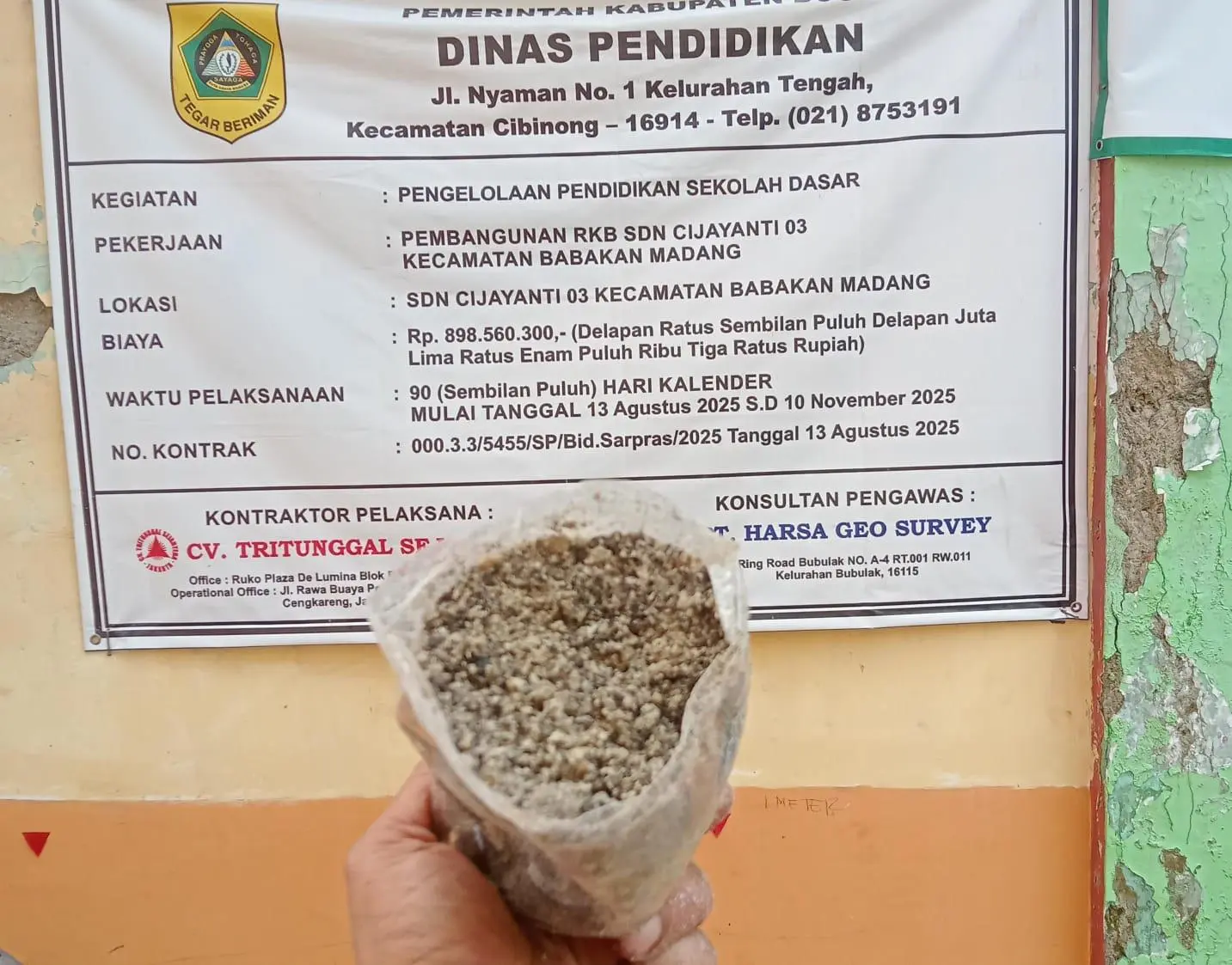 Dugaan Material Bermasalah di Proyek Rp898,5 Juta SDN Cijayanti 03, Dinas Pendidikan Diminta Turun Tangan