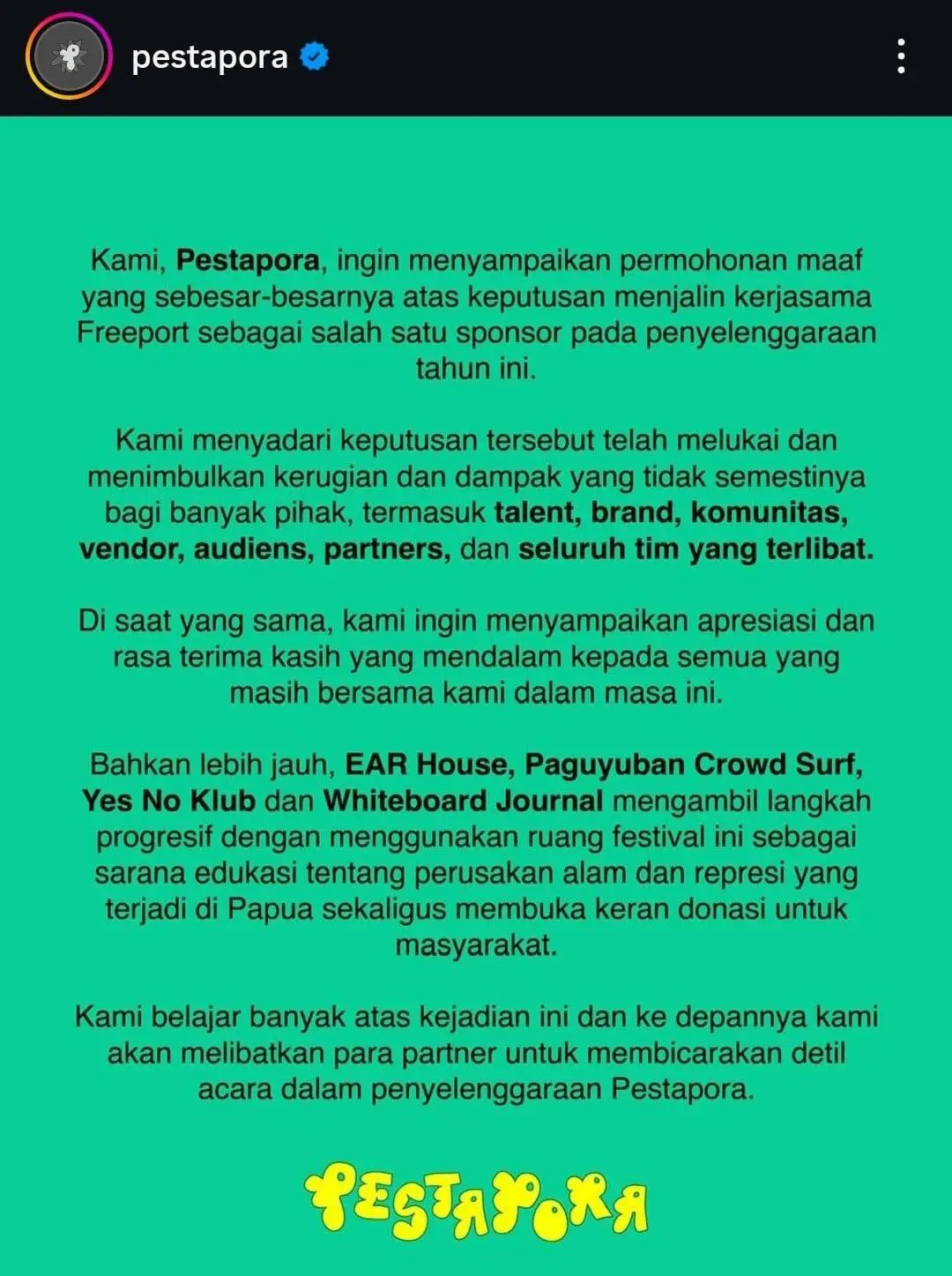 Pestapora 2025 Putuskan Kerja Sama dengan Freeport Usai Gelombang Protes Musisi