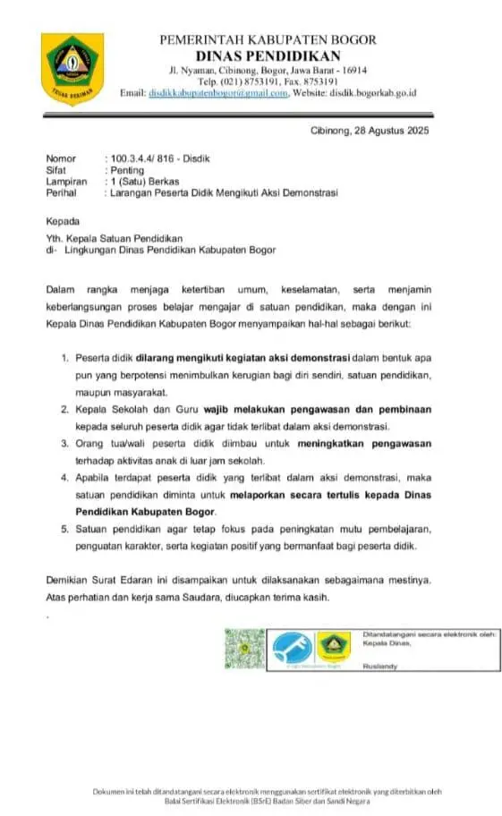 Jaga Ketertiban dan Pendidikan, Disdik Kabupaten Bogor Keluarkan Larangan Pelajar Ikut Demonstrasi