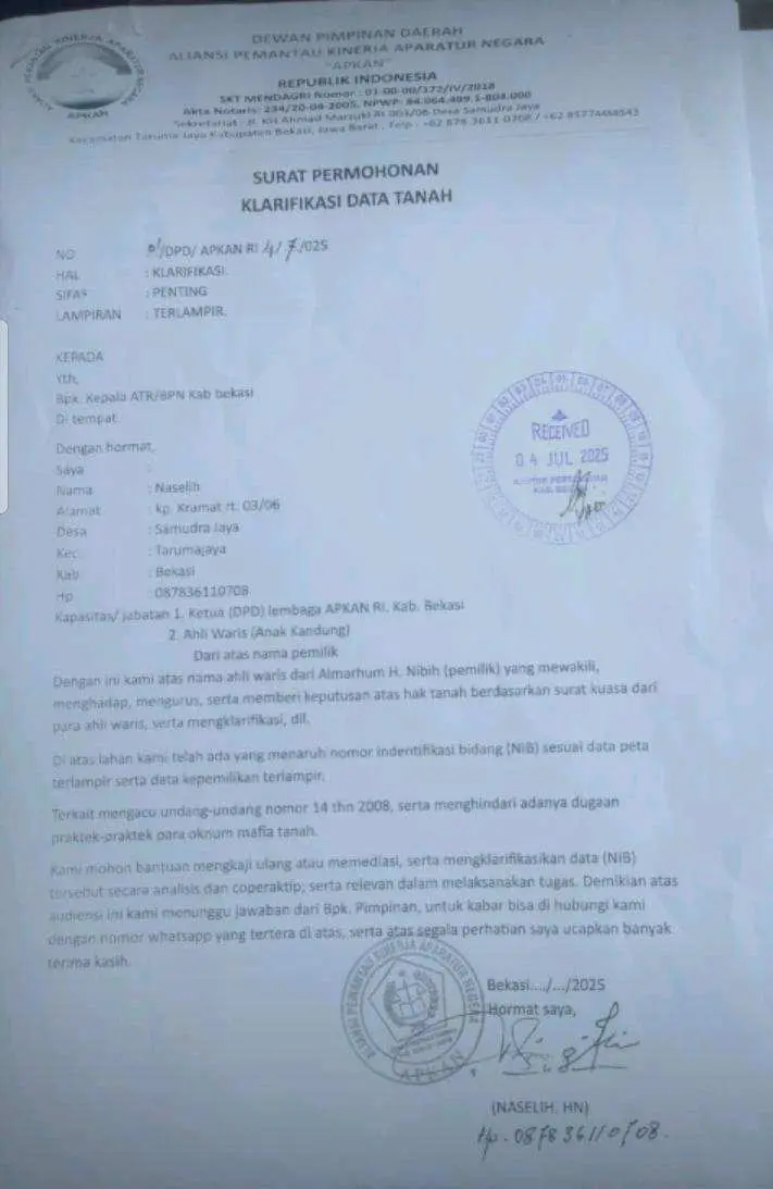 DPD APKAN RI Desak BPN Bekasi Klarifikasi Data Tanah, Nilai Pelayanan Tidak Profesional