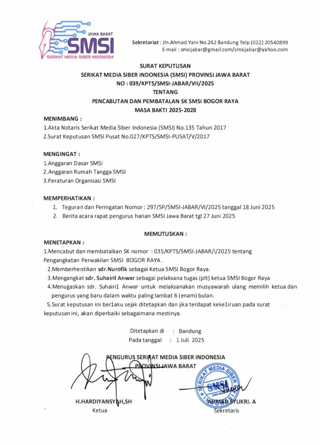 Nurofik Dicopot, Suhairil Anwar Ditunjuk Jadi Plt Ketua SMSI Bogor Raya