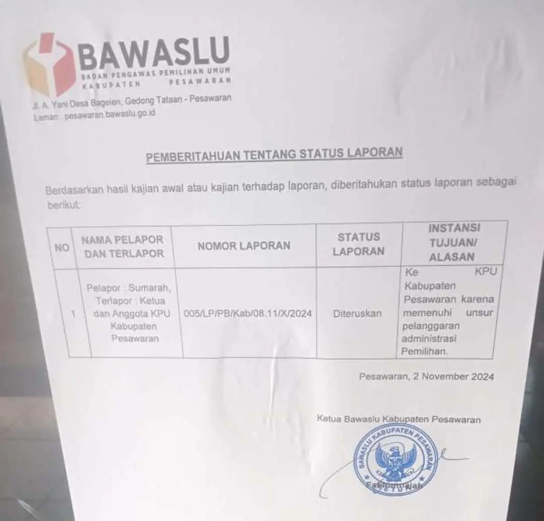 Bawaslu Surati KPU Pesawaran Terkait Dugaan Pelanggaran Administrasi Penetapan Calon Bupati