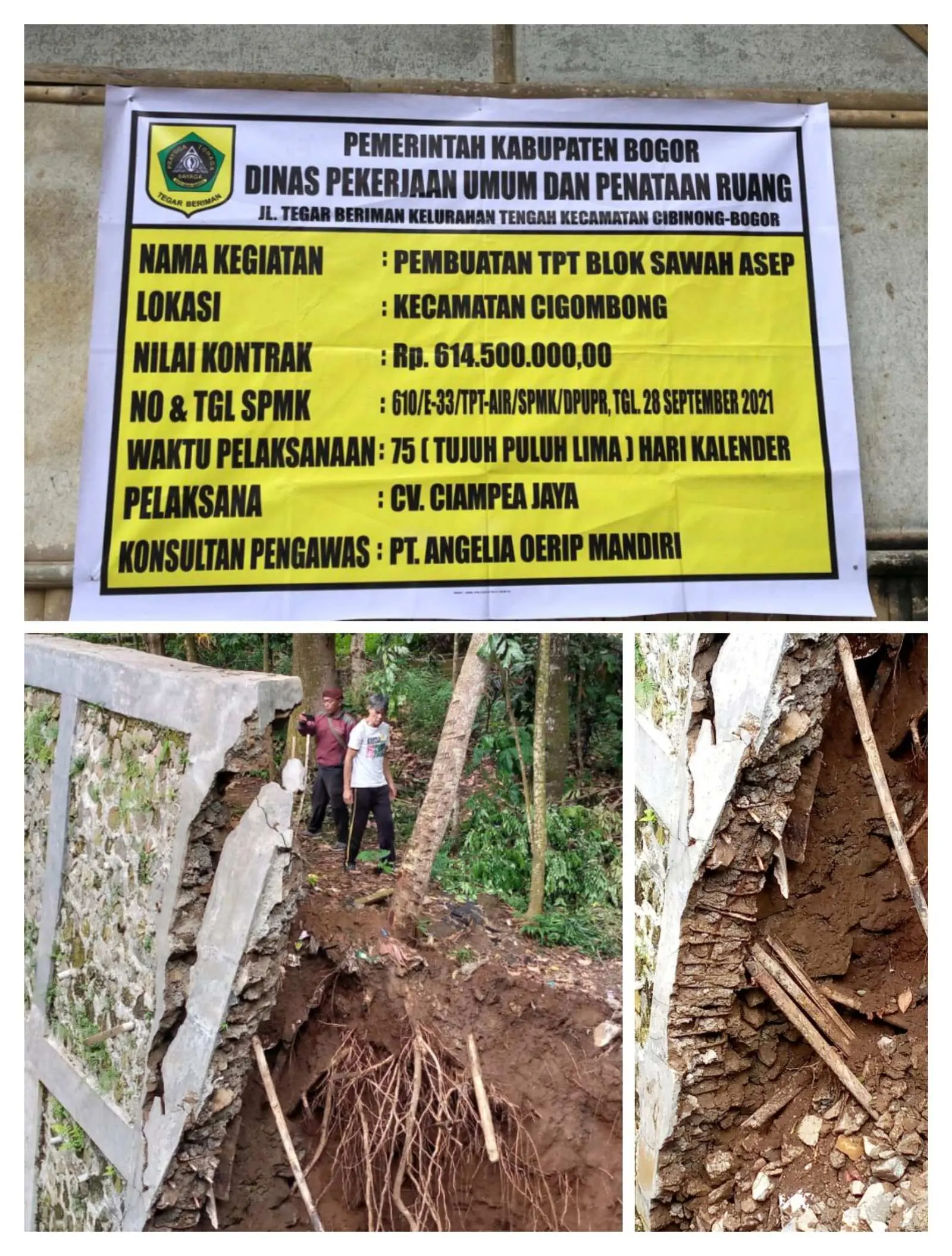 Diduga Minim Kualitas Proyek TPT yang Dilaksanakan CV. Ciampea Jaya Tahun 2021, Roboh