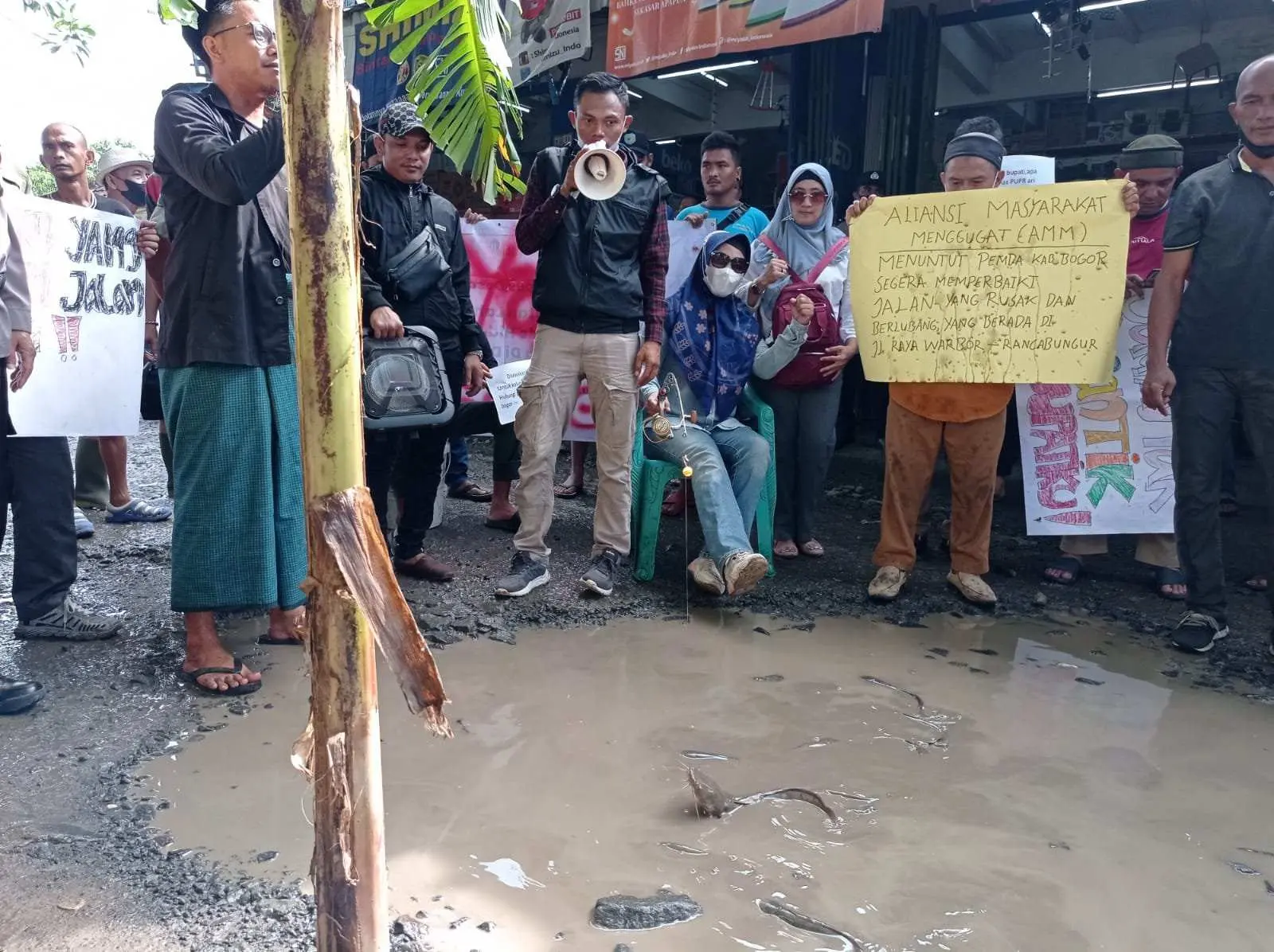 Kritisi Kinerja Pemkab Bogor, Warga Tanam Pohon Pisang dan Tebar Ikan Lele di Jalan Rusak