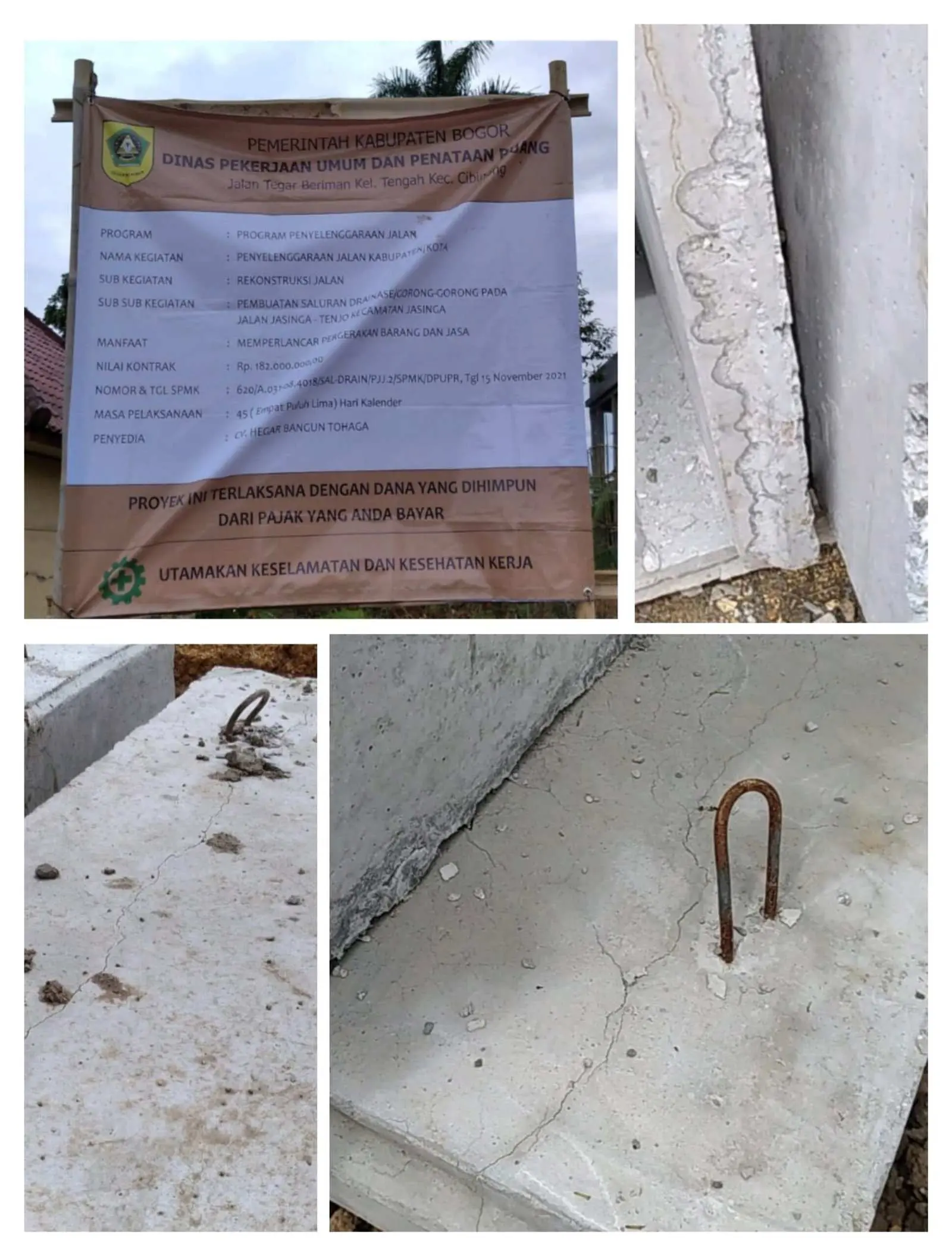 Ditemukan Retakan Rambut Pada U-Ditch Yang Terpasang di Proyek Drainase Jalan Jasinga-Tenjo