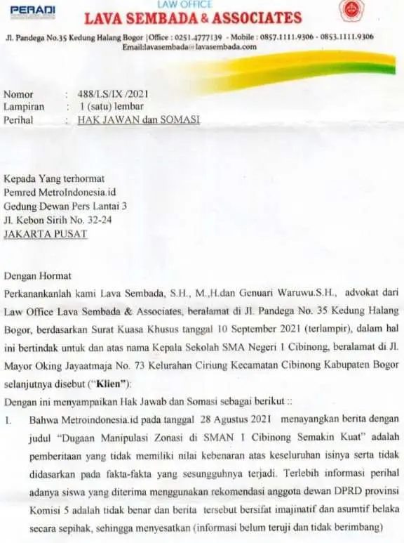 Dituding Manipulasi Zonasi Pada PPDB, Kepala Sekolah SMA Negeri 1 Cibinong Somasi Media